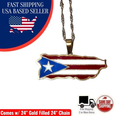 Colgante Mapa Bandera Puerto Rico Acero Inoxidable Lleno de Oro con Cuerda Retorcida 24" Foto 1 de 4