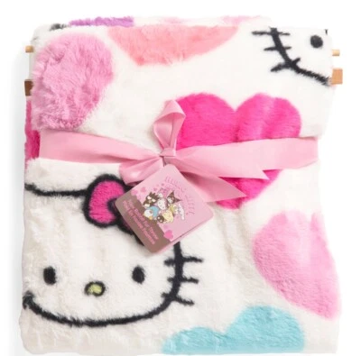 NWT Hello Kitty Large Hearts Pink Red Purple Faux Rabbit Fur Throw Blanket 50x70 - Image 1 of 4