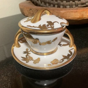 Rare Sadek Porcelain Sugar / Condiment Bowl Attached Underplate Heavy Gold Japan - Picture 1 of 10