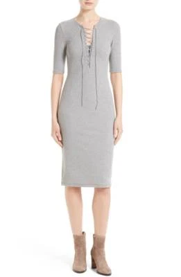 DEREK LAM 10 Crosby Grey Ribbed Stretch Knit Lace-Up T-Shirt Bodycon Dress S 4/6 - Image 1 of 4