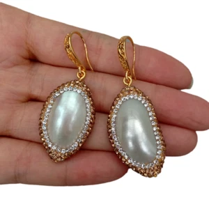 Natural White Shell Trimmed With Golden Crystal Dangle Hook Earrings - Picture 1 of 6