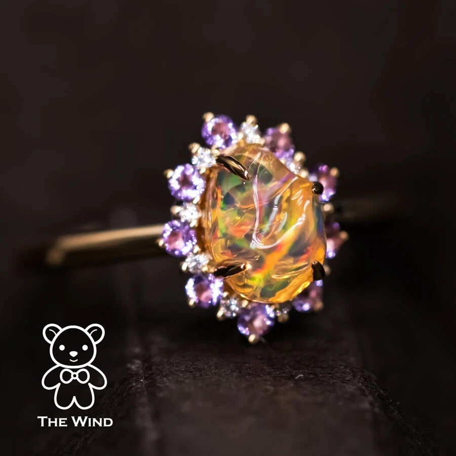Stunning Mexican Fire Opal Amethyst Diamond Engagement Halo Ring 18K Yellow Gold - Image 1 of 4