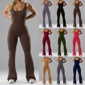 Womens Padded Yoga Jumpsuit Flared Leotard Sport Yoga Romper Unitard Playsuit US - Picture 1 of 29