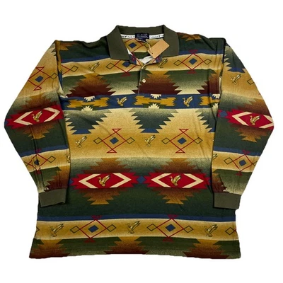 Camisa Polo Vintage Ducks Unlimited Para Hombre XL Manga Larga Western Azteca AOP Foto 1 de 4