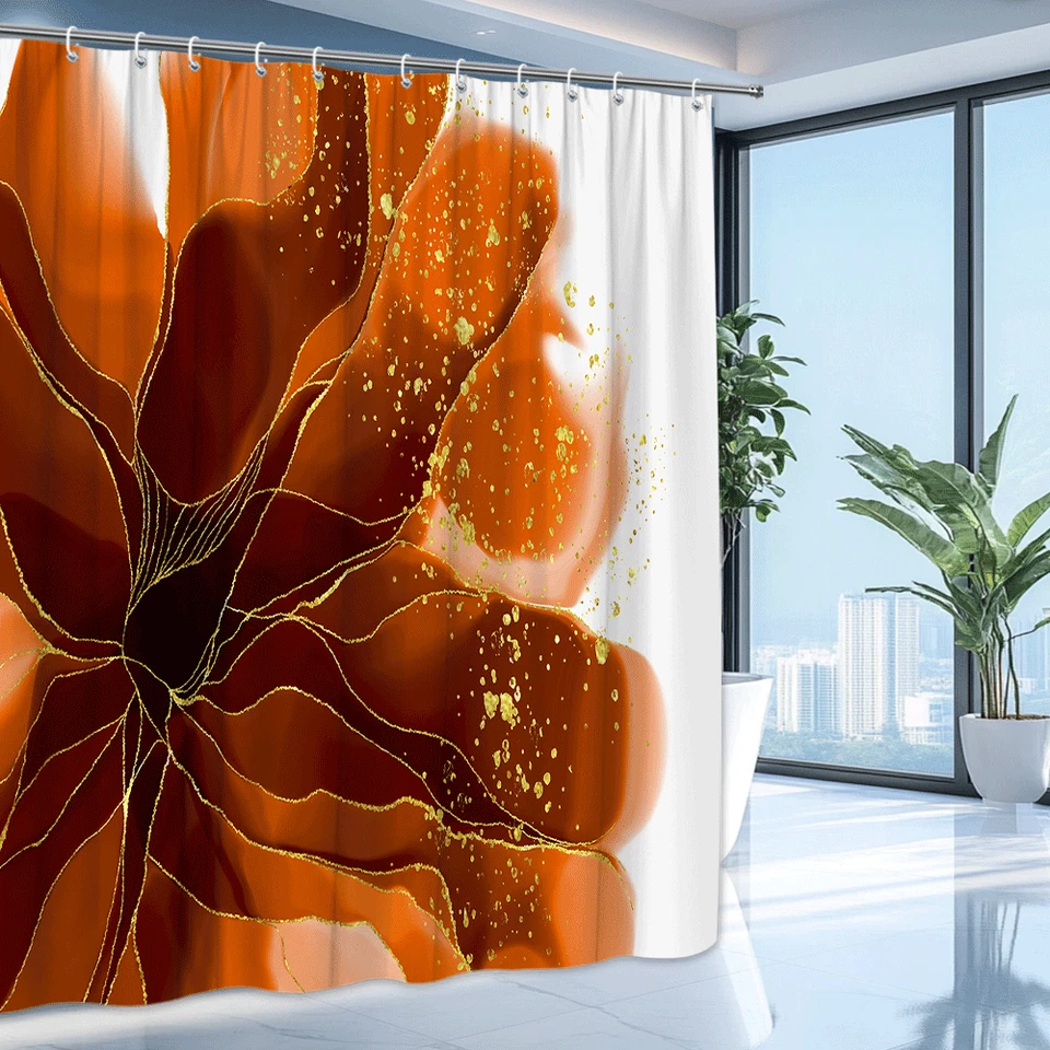 Abstract Rust Orange Flower Shower Curtain, Modern Gold Line Art Bathroom Decor - Image 1 of 4