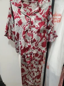 Topshop satin Animal Leopard Jaguar piped shirt pants pajama set $85 Size 4-6 - Picture 1 of 6