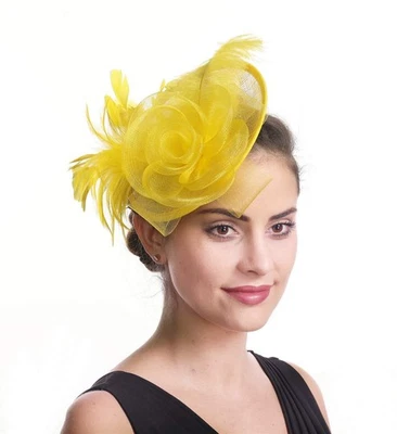 SAFERIN Fascinator Hair Clip Bowler Feather Flower Veil Wedding Hat Yellow - Image 1 of 4