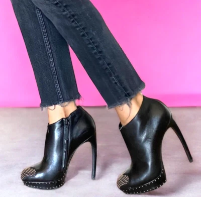 ALEXANDER MCQUEEN Black Leather Studded Heart-Toe Platform Bootie, Size 39 - Image 1 of 4