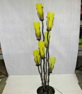 Wrought Iron Floor Lamp & 7 Signed Mouth Blown Yellow Glass Shades - Picture 1 of 12