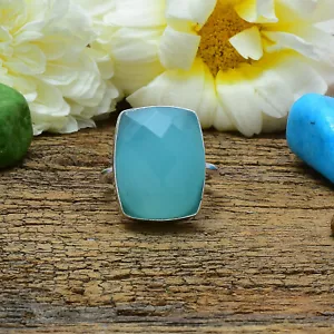 Deslumbrante Aqua Calcedonia Gema 925 Plata de Ley Handmade Anillo Todo Talla - Imagen 1 de 4