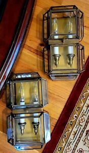 Vintage Brass Bevel Glass Porch Lights Pair