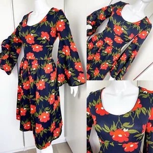 Vintage 1960s 1970s Berkertex Bell Sleeve Red Blue Poppy Print Mini Dress M (12) - Picture 1 of 12