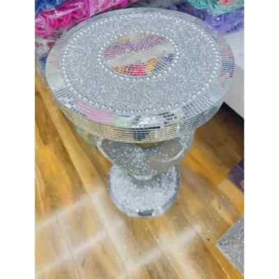 Silver Mirrored Side Table – Crushed Diamond Crystal Sparkly End Table - Image 1 of 4