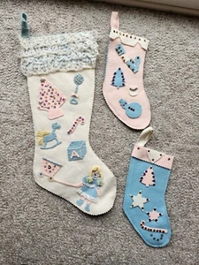 Vtg 3 Handmade Felt Christmas Stockings Set Baby Pink Blues - Picture 1 of 7