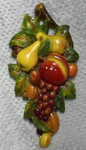 Chalkware Hand Painted Wall Hanging Plaque Fruit Apple Pears Grapes - Picture 1 of 13