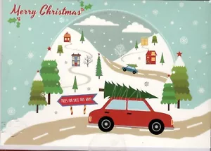 18 Karat WEIHNACHTSKARTEN ZEIGEN AUTOS FAHREN MIT WEIHNACHTSBÄUMEN AUF DÄCHERN NEU IM KARTON - Bild 1 von 4