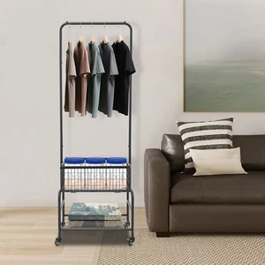Black Iron/Rubber Floorstanding Laundry Cart W/ Wire Storage Hanger Rack&4-wheel - Picture 1 of 12