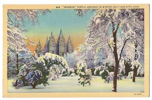 MORMON TEMPLE GROUNDS In WINTER Snow Salt Lake City Utah Postcard UT Linen - Picture 1 of 2