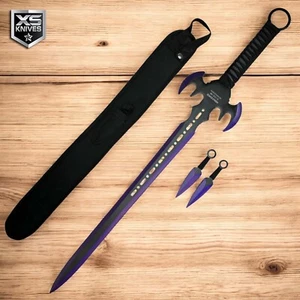 30" Purple BAT Wing Style NINJA Machete FULL TANG SWORD w/ 2pc THROWING Knives - Picture 1 of 6