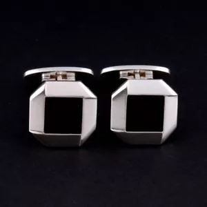 GEORG JENSEN Sterling Cufflinks # 202, Silver w. Onyx / Black Agate. A. Scharff - Picture 1 of 3