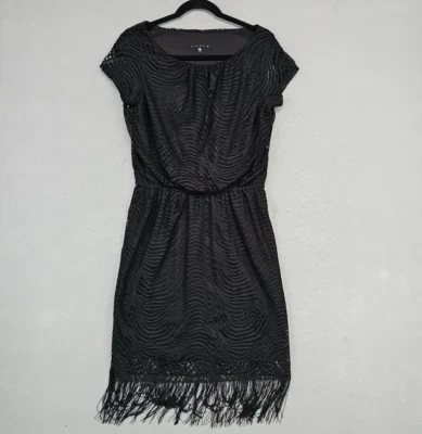 Tiana B Crochet Blouson Dress Womens Size 6 Black Fringe Hem Boho Chic Summer - Image 1 of 4