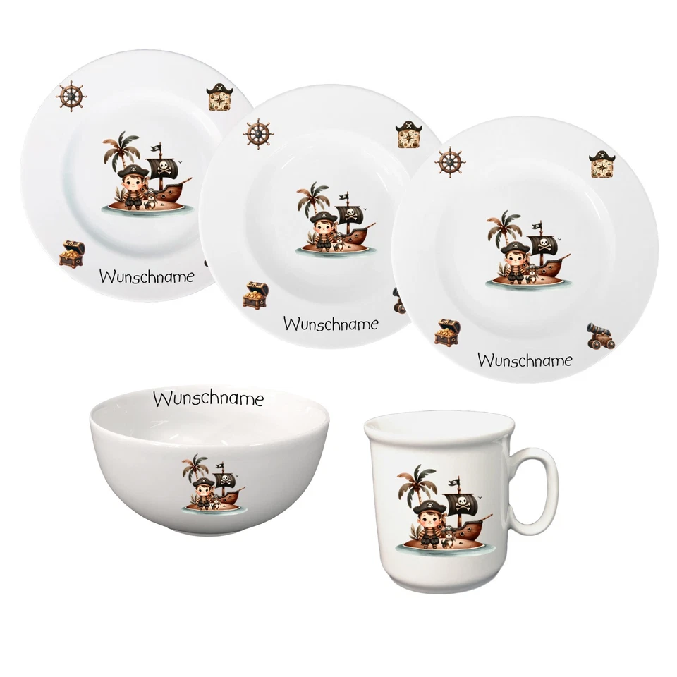 Kindergeschirr Pirat Piraten Porzellan Set - Personalisiert mit Wunschname - Bild 1 von 1