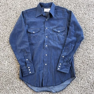 Vintage 60s Wrangler Denim Pearl Snap Shirt 16x34 Dark Wash Western Cowboy USA - Picture 1 of 7
