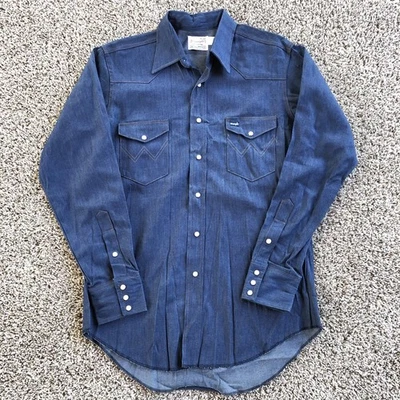 Vintage 60s Wrangler Denim Pearl Snap Shirt 16x34 Dark Wash Western Cowboy USA - Image 1 of 4