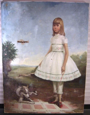 Pintura al óleo original retrato de una niña con perro por Charles W. Yeiser - dañado Foto 1 de 4