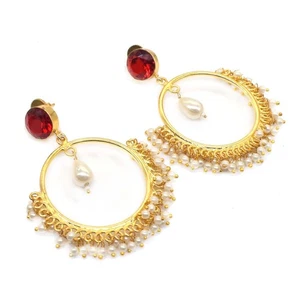 Pendiente Chand Bali Granate Rojo Hecho a Mano Chapado en Oro Pendiente para Mujer 2" n262 - Imagen 1 de 5