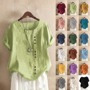 Summer Ladies Cotton Linen Tunics Blouse Tops Short Sleeve Shirts Plus Size 6-24 - Picture 1 of 28