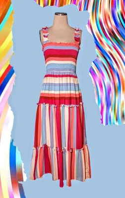RAINBOW Striped SMOCKED Tank Maxi SUNDRESS Dress Peasant BOHO Women's Medium  - Image 1 of 4