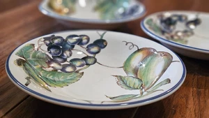 Pier 1 England Angleterre Macintosh Fruta 8 1/2" Sopa Cuencos Borde Azul Juego de 5 - Imagen 1 de 6