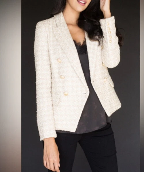 $688 L’AGENCE 2 Chaqueta Kenzie X-Pequeña Abrigo Blazer Doble Pecho Dorado Blanco XS Foto 1 de 4
