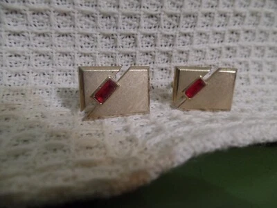 SWANK Gold Colored Cuff LINKS W/Ruby INSET-VERY GOOD-Take a L@@K - Image 1 of 2