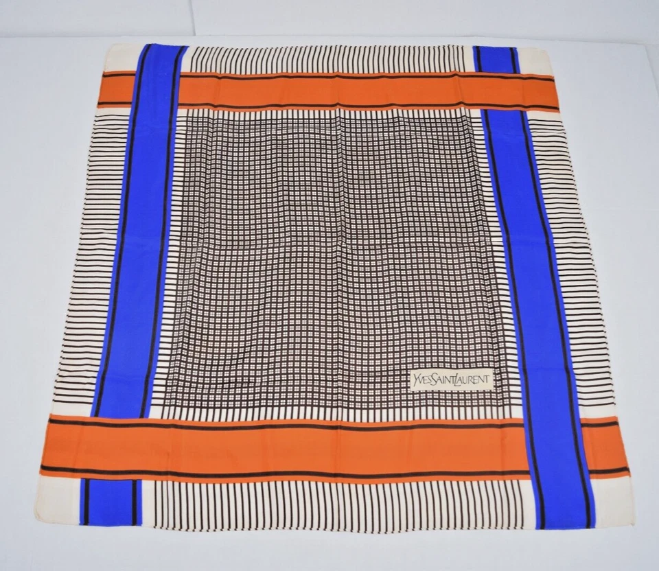 Bufanda de seda vintage Yves Saint Laurent años 60 delicada naranja azul marrón 30 x31 Foto 1 de 4