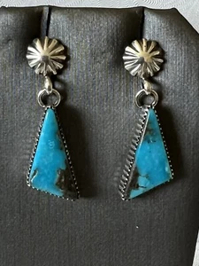 Turquoise Triangle Earrings Concho Kingman Avin Joe Sterling Silver Navajo E3003 - Picture 1 of 4