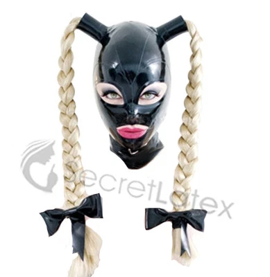 BLACK LATEX RUBBER GUMMI HOOD MASK TIGHT HANDMADE PIGTAILS COSPLAY SUIT UK STOCK — 第 1/4 张图片