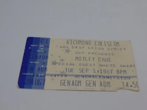Vintage Concert Ticket Stub Richmond Coliseum Motley Crue & White Snake 9/1/1987 - Picture 1 of 2