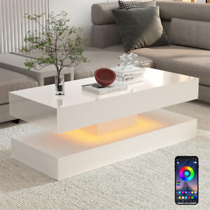 47.3IN Modern High Glossy LED Coffee Table,APP LED Lights,with 2 Storage Drawers