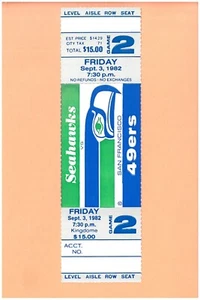 San Francisco 49ers at Seattle Seahawks 9-3-1982 NFL ticket Topps Joe Montana - Picture 1 of 2