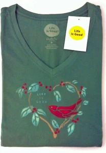 Life Is Good LS Shirt Crusher Vee LOVE BIRD Cardinal Berries Heart 38in Womens S - Picture 1 of 6