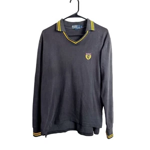 Polo Ralph Lauren V Neck Varsity Preppy Long Sleeve Polo Shirt Black Large Mens - Picture 1 of 6
