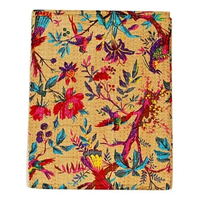 Vintage Twin Kantha Quilt Bird Print Cotton Bedspreads Traditional Blanket Throw - Image 1 of 4