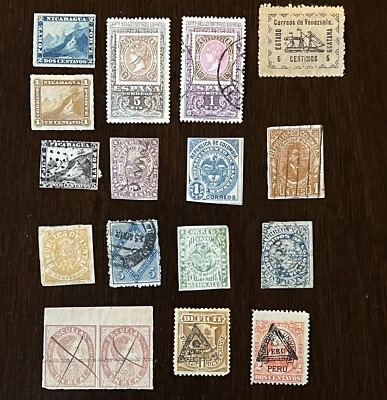 EARLY LATIN AMERICA STAMP LOT URUGUAY PERU VENEZUELA NICARAGUA COLOMBIA SPAIN - Image 1 of 4