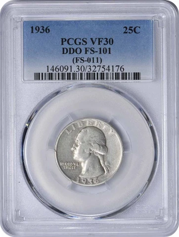 1936 Washington Silver Quarter DDO FS-101 VF30 PCGS Cover