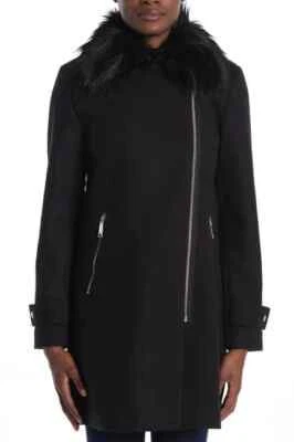 Nine West Faux Fur Trim Asymmetrical Zip Coat Size M - Image 1 of 4