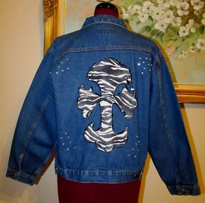 LUNA PIER SZ L(14-16) RHINESTONE EMBELLISHED/ZEBRA CROSS FLAP POCKET JEAN JACKET - Picture 1 of 10