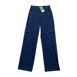 Halara Jeans Womens PS Small Petite Blue Denim Cargo Pockets Wide Leg High Waist - Picture 1 of 9