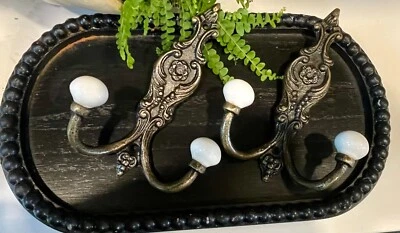 2; Vintage-Old-Metal Brass Wall Mount Double Hooks w/ white Porcelain Balls Ends - Image 1 of 4
